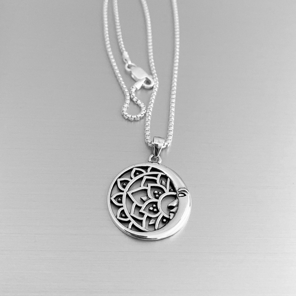Sterling Silver Mandala And Crescent Moon Necklace View 5